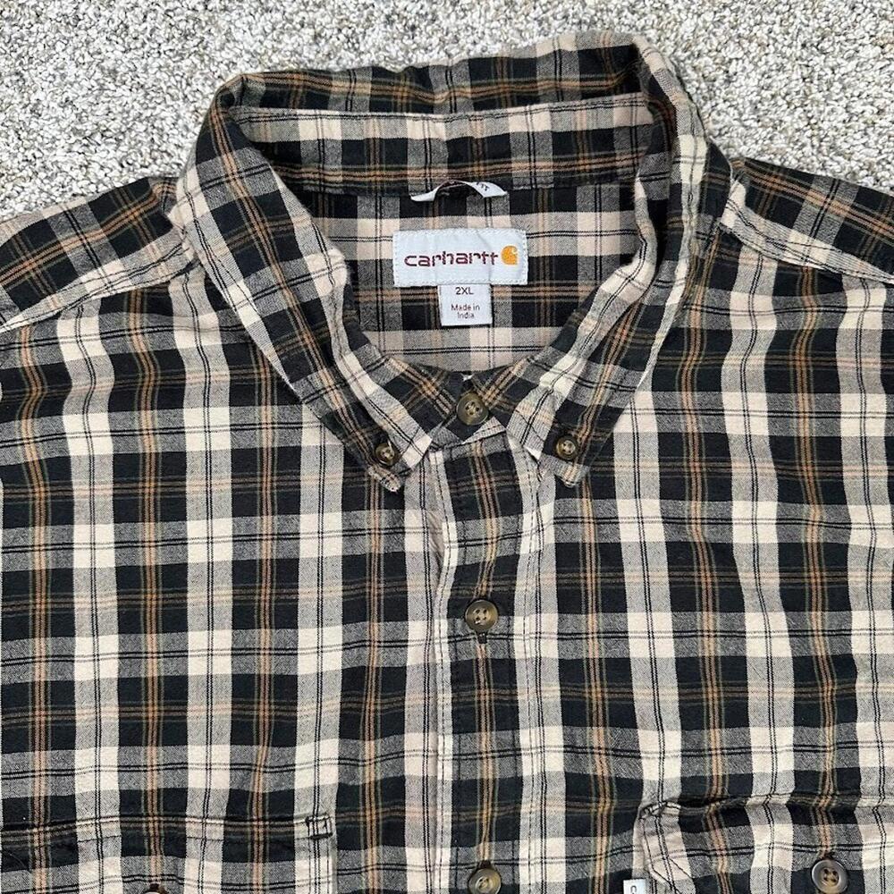 Carhartt Long Sleeve Button Shirt Men's 2XL Relaxed‎ Fit Brown White Plaid Hike - Picture 3 of 10